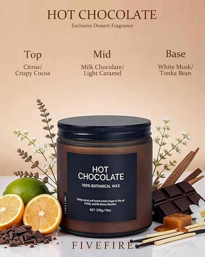 Hot Chocolate Home Scented Candles, 13oz Organic Soy Wax, 76-Hour Clean Burning, Natural Candles Non Toxic, Rich & Cocoa Gourmand Scent for Relaxation, Aromatherapy Housewarming Candle for Men Women