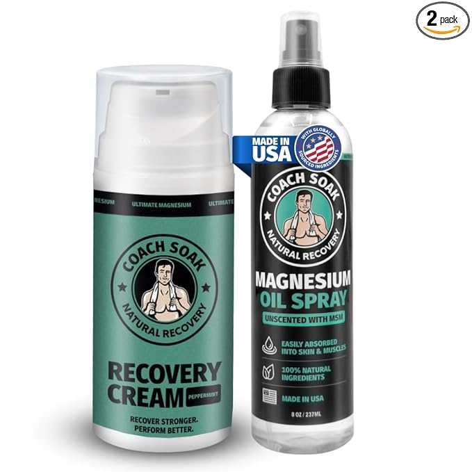 Coach Soak Magnesium Oil Spray & Lotion Set - Fast-Absorbing Topical Magnesium with MSM & Cooling Menthol - 2 Pack - Unscented
