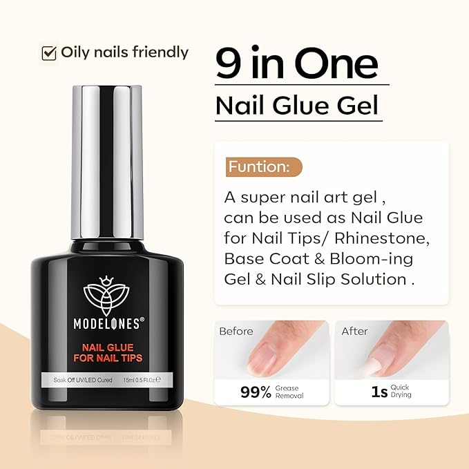 modelones X Gel Nail Glue and Top Base Coat Set, 15ML 3 PCS No Wipe Clear Gel Polish 9 in One Nail Glue for Nail Tips Press Ons Rhinestone Long Lasting Glossy Soak Off U V Manicure Gift Kit for Women
