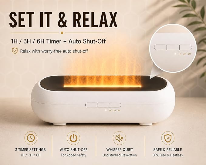 AquaAura Flame Effect Diffuser, 160ml Essential Oil Diffuser with Realistic Flame Mist, 7 LED Colors, Timer & Auto Shut-Off for Bedroom, Home, Office