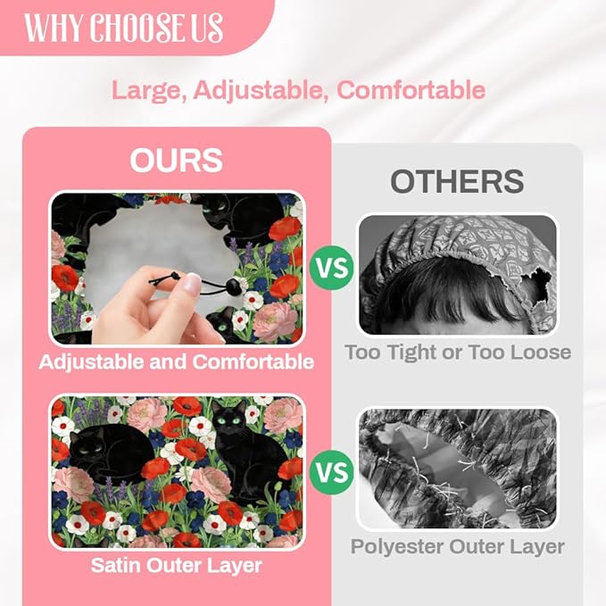 Black Cat Reusable Shower Cap Flower Double Layer Waterproof Shower Caps Large Elastic Hair Cover Adjustable Hair - Drying Caps for Woman Man Bath SPA Travel One Size Fits Most