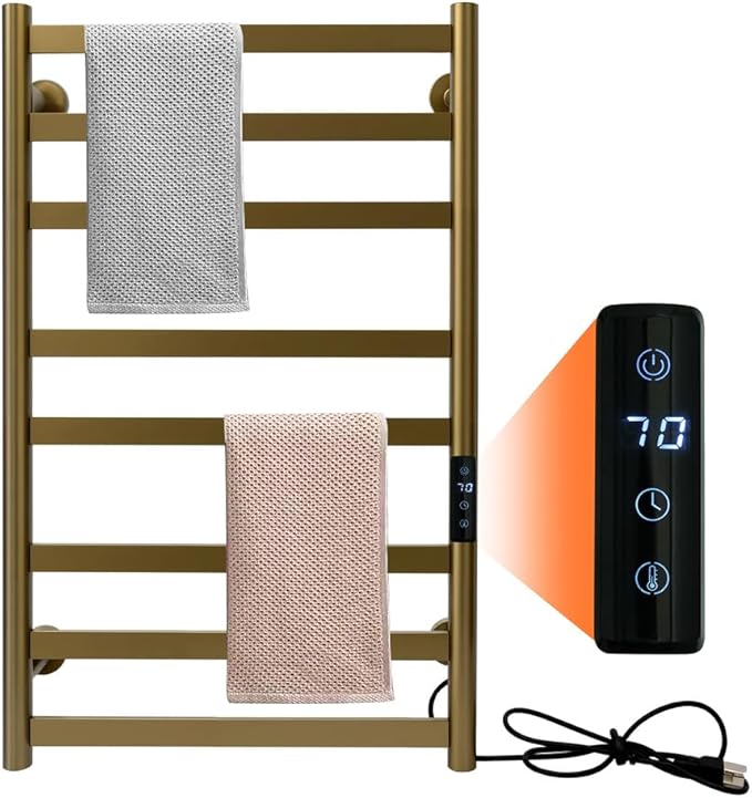 Towel Warmer Rack, Brushed Heated Towel Rack for Bathroom, Wall Mounted Electric Towel Dryer Rack with Temperature Control and 1-8 Timer, Plug-in/Hardwired