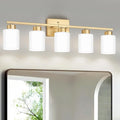 FonmYim Gold Bathroom Light Fixtures, 5-Light Modern Vanity Light Over Mirror, Wall Sconces with Milky White Frosted Glass Shades, E26 Socket (Bulbs Not Included)