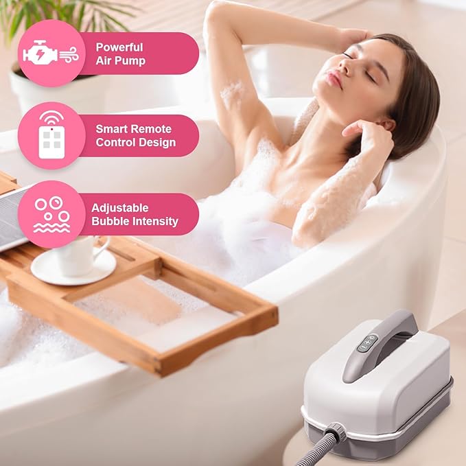 Flgocexs Bubble Bath Mat,Full Body Waterproof Spa Mat for Bathtub, 6-Speed Bubbles, Remote Control & Non-Slip Suction Cups for Home Relaxation Pink+White