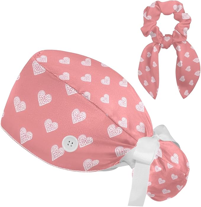 Scrub Caps Women Ponytail Cute Pink and White Leaves Caps Bouffant Working Hat Elastic Tie Back Hats with Button