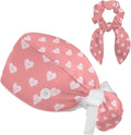 Scrub Caps Women Ponytail Cute Pink and White Leaves Caps Bouffant Working Hat Elastic Tie Back Hats with Button