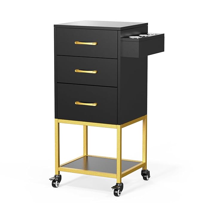OmySalon Beauty Salon Storage Trolley Cart, Salon Station for Stylist, Wooden Hair Cabinet with Dryer Holder & Drawer, Hairdressing Tools Organizer Equipment for Spa Barbershop Lash Tattoo, Black