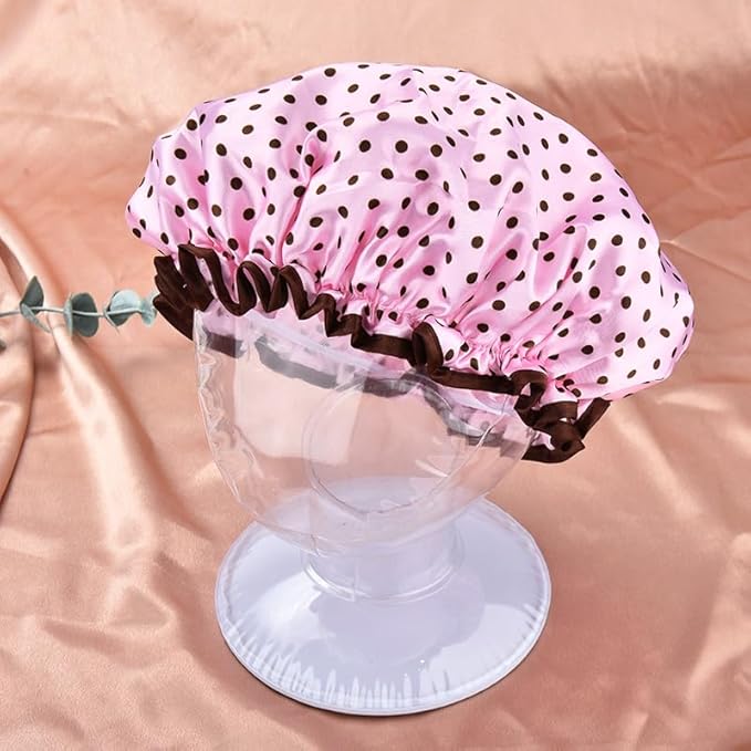 Vintage Polka Dot Shower Cap for Long Short Hair Caps for Shower Reusable Waterproof Double Layer Bath Cap for Women Adjustable Pink Polka Dot Print Bath Caps for Braids Womens Christmas Gift Ideas