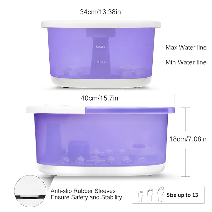 Foot Spa Bath Massager with Heat Bubbles and Vibration Massage and Jets, 16 OZ Calming Lavender Foot Soak Epsom Salt, Miwhale Foot Soaker With Red Light, 22 Massage Rollers, Adjustable Temp -Purple