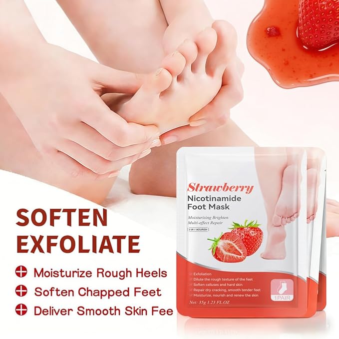 6-Pack Strawberry Nicotinamide Hand & Foot Mask (3 Hand/3 Foot,) - Home Spa Experience with PAS for Hands & Feet - Hydrating & Moisturizing, Strawberry Scent for Dry Rough Skin
