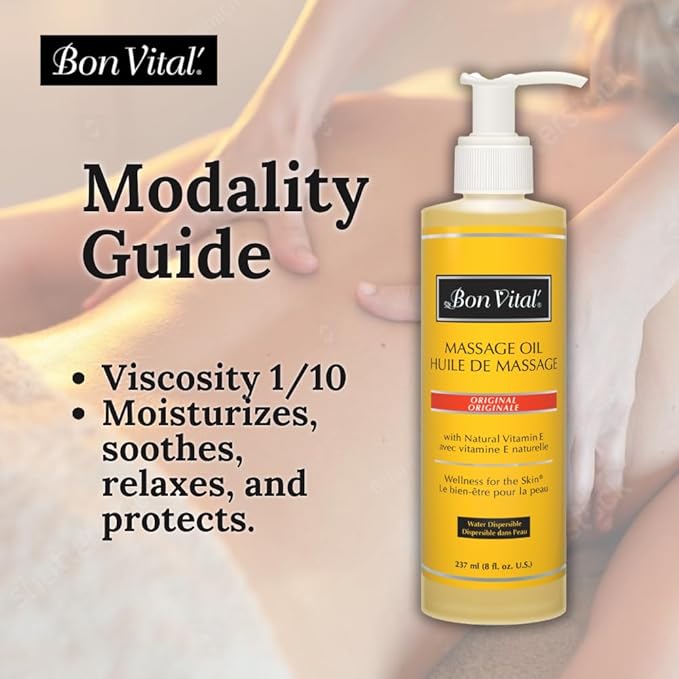 Bon Vital' Original Massage Oil, 8 Oz Bottle, Unscented Professional Massage Oil with Natural Oils & Vitamins, Water-Dispersible, No Nut Oils, Smooth Glide for All Massage Modalities