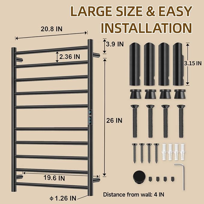 Towel Warmer Rack for Bathroom, Heated Towel Rack Wall Mounted, Stainless Steel, Warmers Rack for Bathroom, Fast Heating, Smart Timing & Temperature Control, Plug-in, Black
