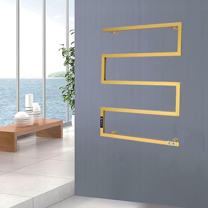 Towel Warmer Rack for Bathroom with Timer/Fahrenheit Temperature Control Wall Mounted Electric Heated 5 Bar Rail Plug-in or Hardwired Keep Bath Shower Towel Warming (Brushed Gold)
