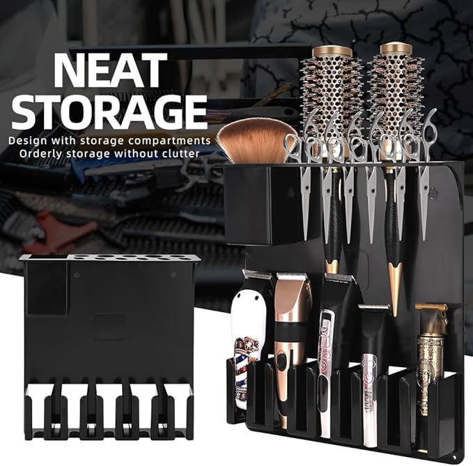 Clipper Holders Barbers Organizer, 13" x 12" x 3" Wall-Mounted Multi-Functional Hair Styling Tool Storage Stand for Clipper, Scissors, Comb, Curling Irons - for Salon, Home Bathrooms, with Screws Kit