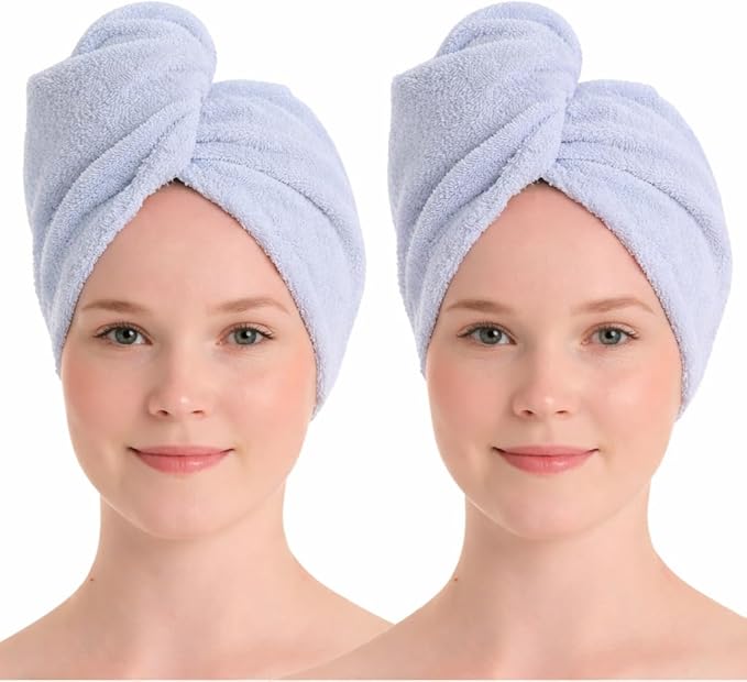 100% Turkish Cotton Hair Towel Wrap 2 Pack – Oeko-TEX Certified Quick Dry Turban for Wet Hair – Soft, Absorbent, Gentle on Curly & Long Hair – 10x26 Inch