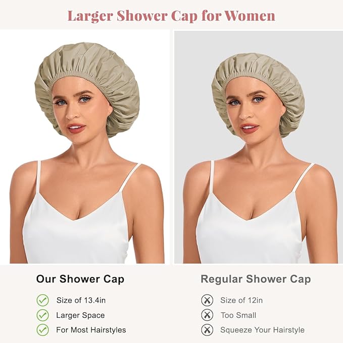 Shower Cap for Women Waterproof Reusable, Large Shower Cap Non-Slip with Elastic Band, Washable Bath Hair Hat for Long Hair, Braids (Brown)