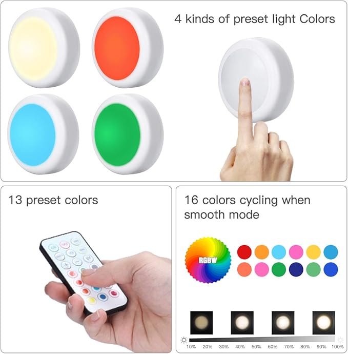 HELPLEX LED Puck Lights with Remote, 3 Pack Color Changing RGBW Stick-On Light, Battery Powered, Dimmable Under Cabinet Lighting with Timer & Memory, Wireless Push Lights for Kitchen & Closet