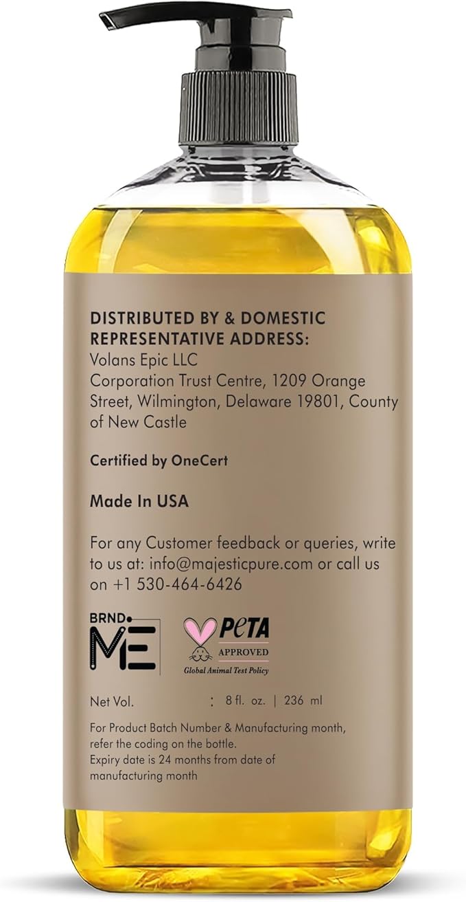 Majestic Pure Oil - 100% Pure and Natural- Cold Pressed & Hexane Free Natural Hair Growth Oil for Eyelashes, Eyebrows, Skin, Body, Face, Nails & Scalp - USDA Organic Castor Oil 8 Fl Oz