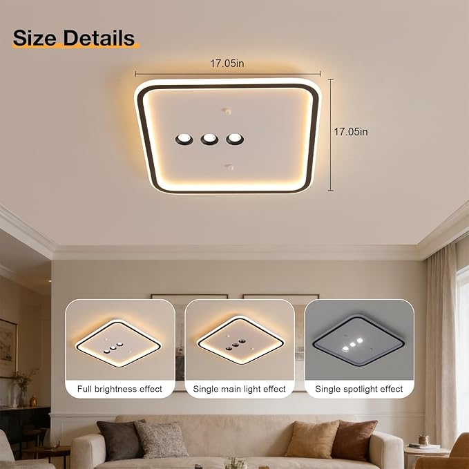 Shine LUEST Square Diamond LED Ceiling Light with 3 Adjustable Spotlights, Dimmable Flush Mount Lighting Fixture, Black & White for Bedroom Living Room Kitchen Hallway
