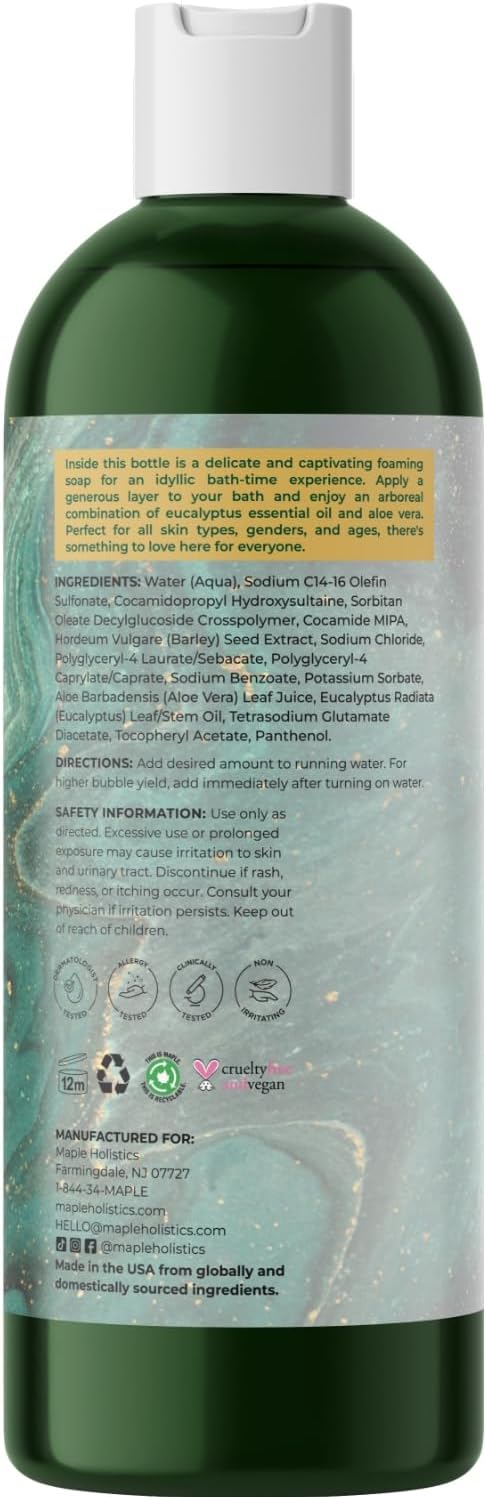 Premium Eucalyptus Bubble Bath Soap - Sulfate Free Adult Bubble Bath for Women and Men with Relaxing Essential Oils with Vitamin E - Foaming Bath Oil for Dry Skin Featuring Aromatherapy Oils