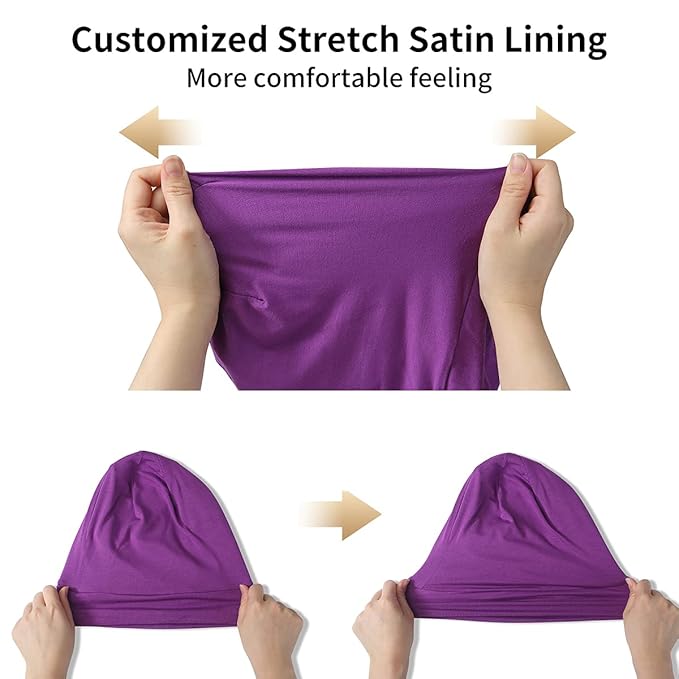 Satin Bonnet Silk Lined Sleep Cap- Adjustable Hair Cover for Women Men Frizzy Hair Night Cap Patients Care Purple