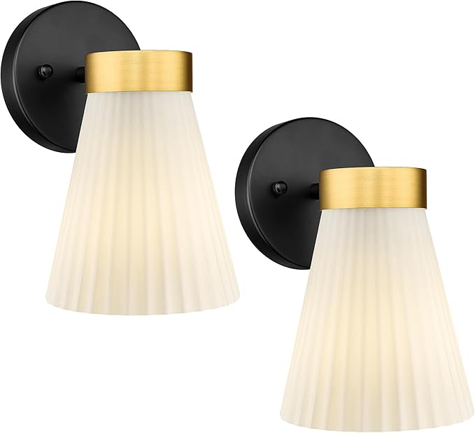 Set of 2 Wall Sconces for Bathroom, HWH 1-Light Bathroom Vanity Light with Frosted Milk White Striped Glass, Indoor Wall Mount Lighting Fixtures, Black and Gold Finish, 5HZG97B-2PK BK+BG