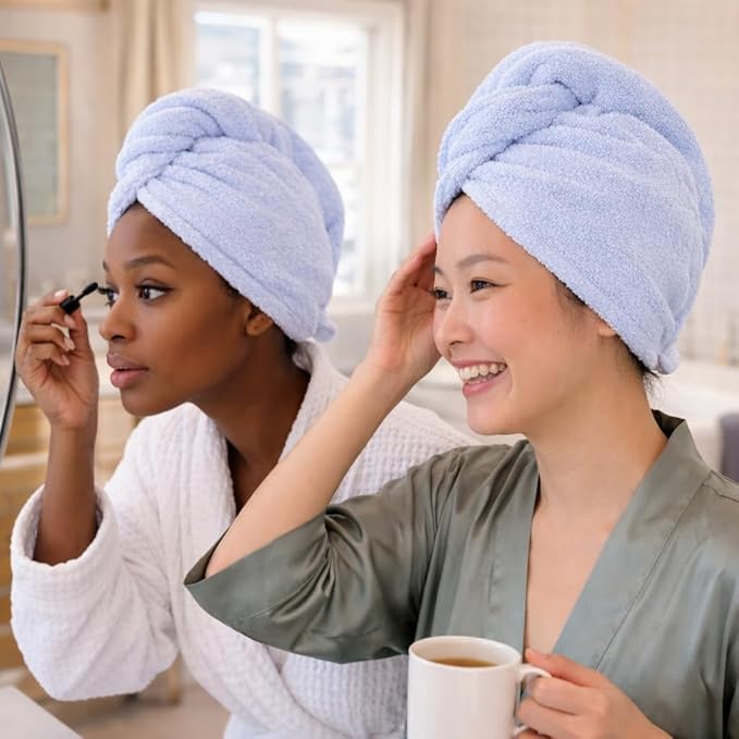 100% Turkish Cotton Hair Towel Wrap 2 Pack – Oeko-TEX Certified Quick Dry Turban for Wet Hair – Soft, Absorbent, Gentle on Curly & Long Hair – 10x26 Inch