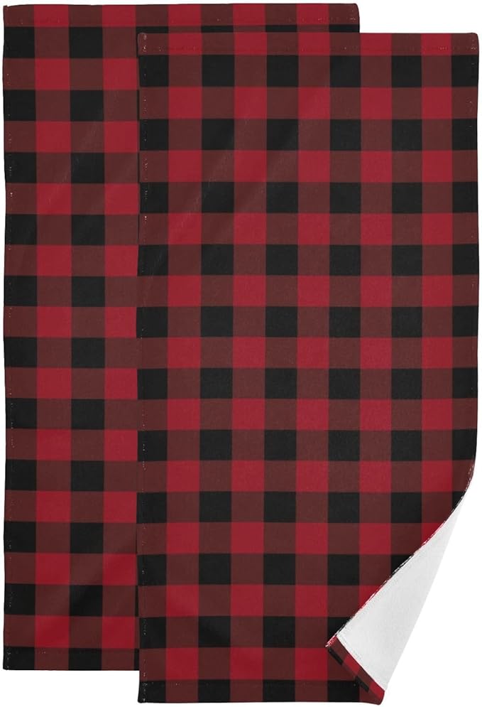 Black and Red Buffalo Plaid Hand Towels for Bathroom Set of 2,Classic Farmhouse Checkered Christmas Decorative Bathroom Towels for Bath,Face,Hair,Soft Absorbent Dish Towels for Kitchen 28"x14"