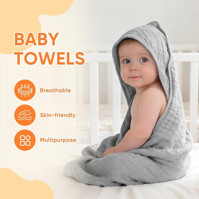 MIGIOL Muslin Hooded Baby Towels 100% Cotton ，Super Soft Muslin Baby Bath Towel - 32 x 32 Inches, Suitable for Newborn and Young Children up to 3 Years Old. (Grey & Green)