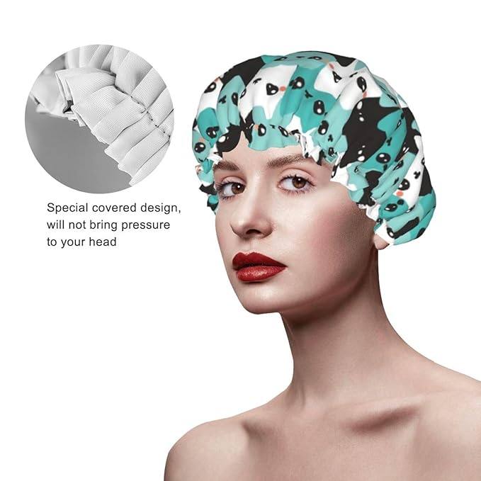 Cat Pattern Shower Cap For Women Reusable Waterproof Double Layers Bath Cap Hair Protection Elastic Ladies Spa Salon Shower Hat