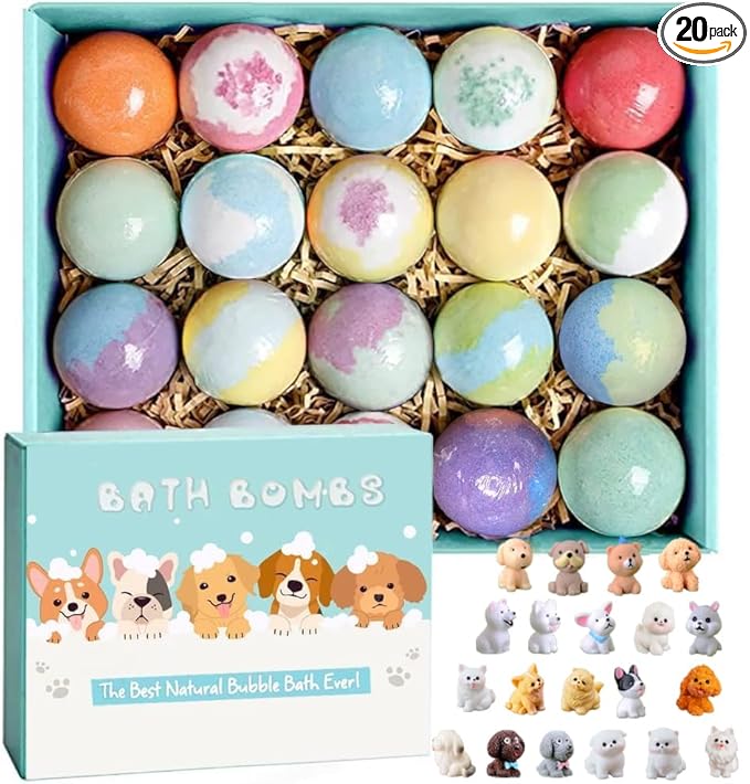 Bath Bombs for Kids with Surprise Inside for Girls Boys Toddlers, 20 Pack Organic Kids Bath Bombs with Puppy Dolls Inside, Kids Safe Handmade Bubble Bath Fizzies, Ideal Birthday Christmas Gift Set