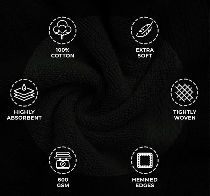 Avalon Towels Black Bath Towels Set of 4 pcs (27x54 inches), 100% Cotton Towel Absorbent and Quick Dry Black Towels for Bathroom, Super Soft and Perfect for Daily Use