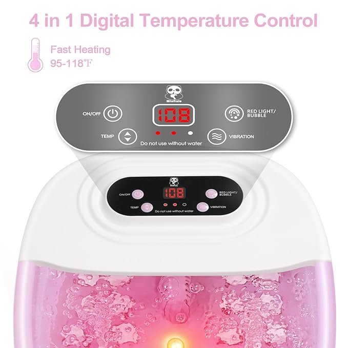 Foot Spa Bath Massager with Heat Bubbles and Vibration Massage and Jets, 16 OZ Calming Lavender Foot Soak Epsom Salt, Miwhale Foot Soaker with Red Light, 22 Massage Rollers, Adjustable Temp - Pink