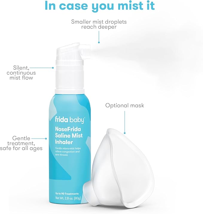 Frida Baby NoseFrida Saline Mist Nasal Inhaler, Decongestant Spray for Congestion & Allergy Relief for Babies + Kids, Nasal Saline Spray, Soothes Stuffy Nose & Sore Throat, Includes Mask (Pack of 2)