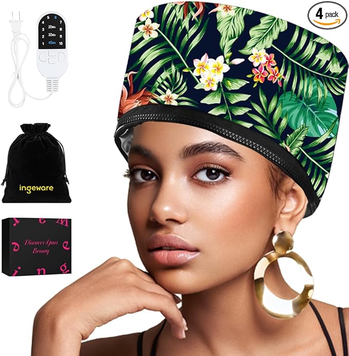 Heat Cap for Deep Conditioning, Ingeware Thermal Cap for Hair Steamer Cap for Natural Hair Portable Electric Heat Hair Spa Cap for Home Use Pattern (Floral Print)