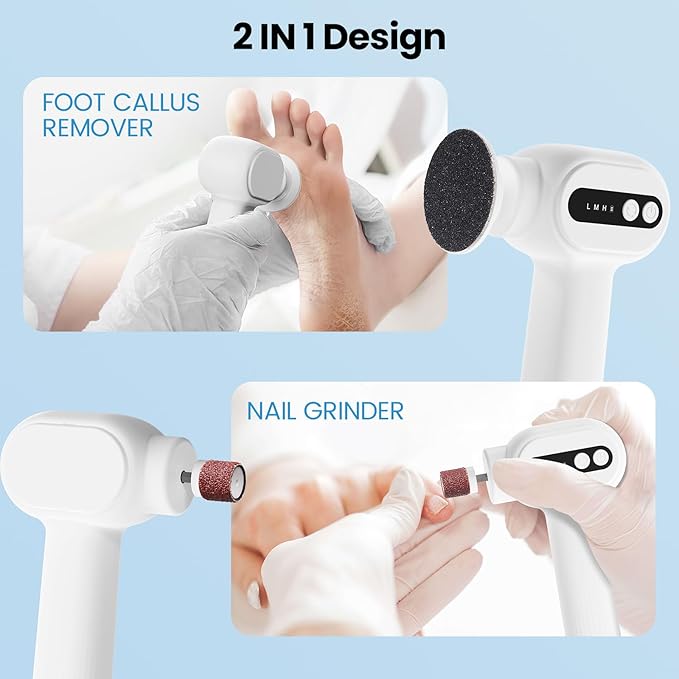 Electric Callus Remover for Feet, 2 in 1 Electric Foot File Grinder, Rechargeable Cordless Foot Scrubber for Dead Skin, Adjustable Speed with Sandpaper Discs, Professional Pedicure Tools,White
