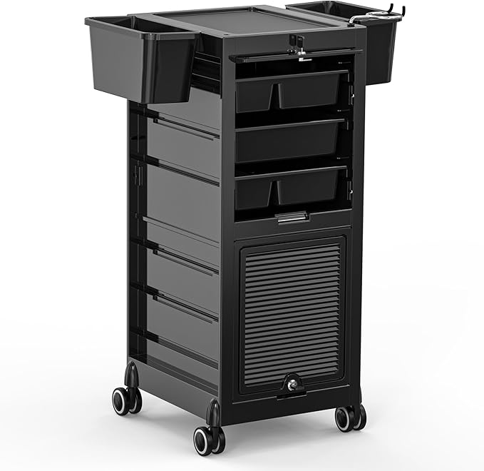 OmySalon Salon Trolley Cart, Hair Stylist Station with 2 Lockable Doors, Rolling Hair Cart Organizer with Drawers & Bucket & Dryer Holder, Barber Shop Hairdressing Beauty Tattoo Versatile Equipment