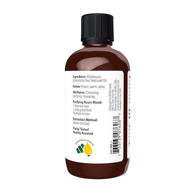 NOW Essential Oils, Tea Tree Oil, Cleansing Aromatherapy Scent, Steam Distilled, 100% Pure, Vegan, Child Resistant Cap, 4-Ounce