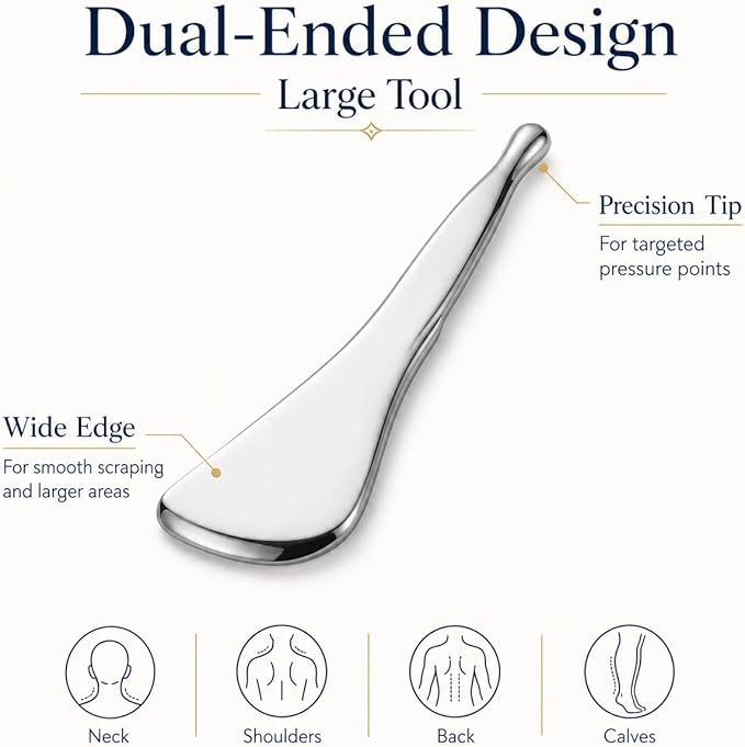 2-in-1 Dual-Ended Acupressure Massage Tool, Stainless Steel Gua Sha Scraper & Large Tip Fascia Release Tool for Deep Tissue Muscle, Back, Neck & Foot