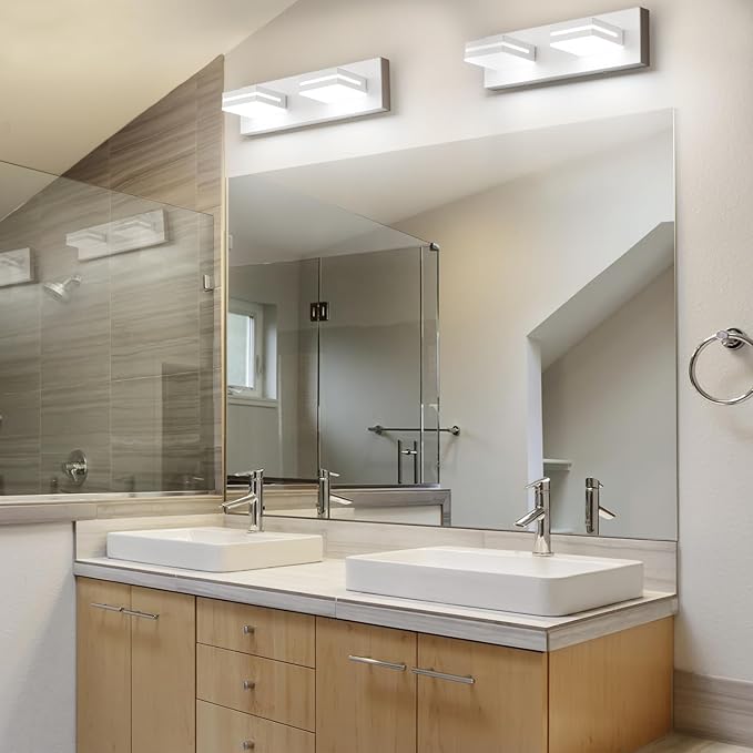 SineRise LED Modern Bathroom Vanity Light Fixtures (2-Light, 15.5-Inch, Dimmable), Matte White Modern Acrylic Bathroom Wall Lighting Fixtures Over Mirror (Cool White 6000K)