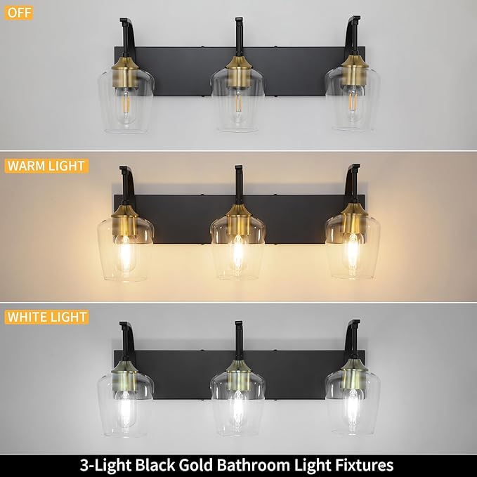 Black 3-Light Vanity Light with Clear Glass Shades, 23.62'' Industrial Black Gold Bathroom Wall Lights for Bedroom Hallway Living Room Kitchen