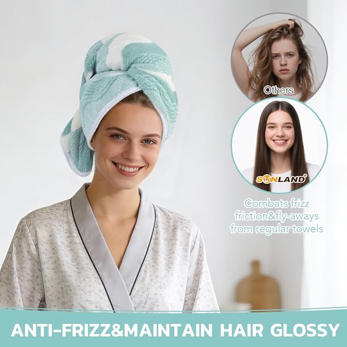 SUNLAND Microfiber Hair Towels Anti Frizz Hair Drying Towel Super Absorbent Fast Drying Turbans for Wet Curly Hair Soft Hair Towel Wrap with Elastic Band for All Hair Types 40 X 20 inches 2Pack