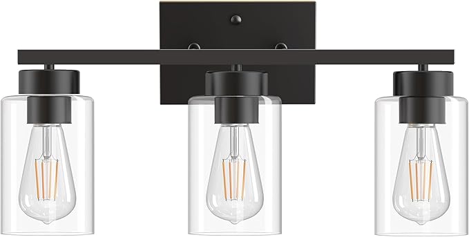 PARTPHONER 3-Light Bathroom Light Fixtures, Matte Black Vanity Light with Clear Glass Shade, Modern Wall Sconce for Mirror Bedroom Living Room Hallway Lighting