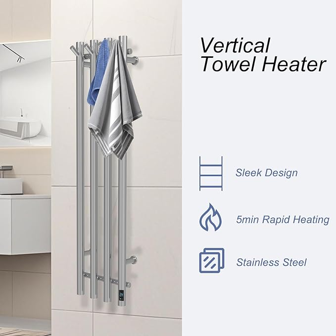 Electric Heated Towel Rack Warmer, Wall Mounted, Stainless Steel, 4 Bar Vertical Round Design, 5 Minute Rapid Heating, Timer Control, 10.1 x 37.4 Inches (Gold)