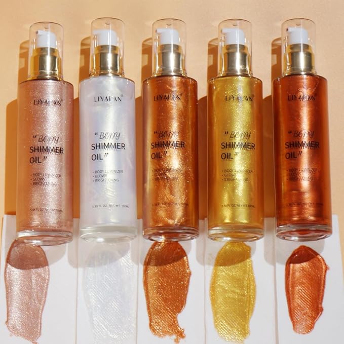 Liyalan Shimmer Body Oil Golden Brown 5 Color Bronze Face Glow Pearl Highlighter Illuminator Body Makeup Shine Glitter Gold Liquid Taning 3.38 Fl Oz