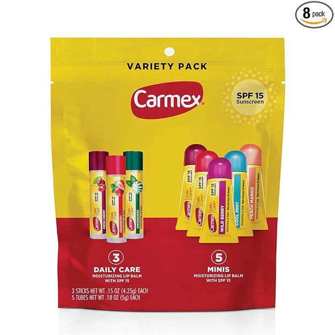 Carmex Daily Care and Daily Care Minis Moisturizing Lip Balm Pack, SPF 15, Multi-Flavor Lip Care Variety Pack Bag, 8 Count (3 Sticks, 5 Mini Tubes)