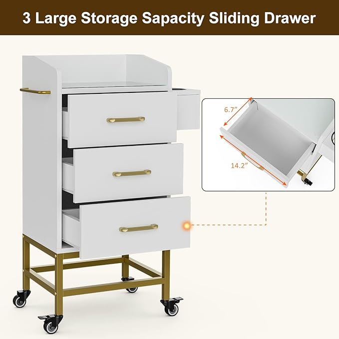 Paddie Beauty Salon Storage Trolley Cart, Glass Top Hair Station Cabinet with Dryer Holder, Lockable Rolling Wheels, Drawer - White