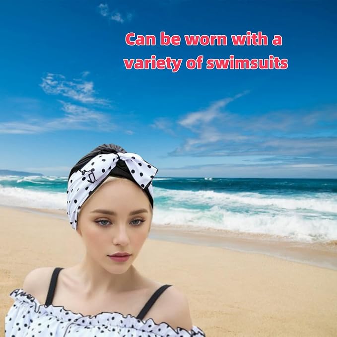 Luckiest MAP Swim Caps Women Adult Retro Polka Dot Bowknot SwimCap for Long and Short Hair Protection,Contouring of The Face, for Swimming Pool/Beach/spa Resorts/Water Aerobics/Spa/Water Park