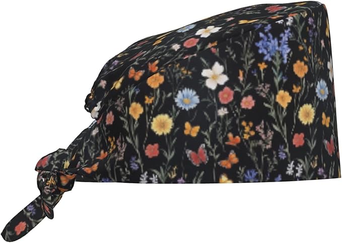 Scrub Cap for Women and Men Boho Black Leaf Pattern Adjustable Breathable Sweatband Hat for Work Kitchen Spa Shower Daily Use