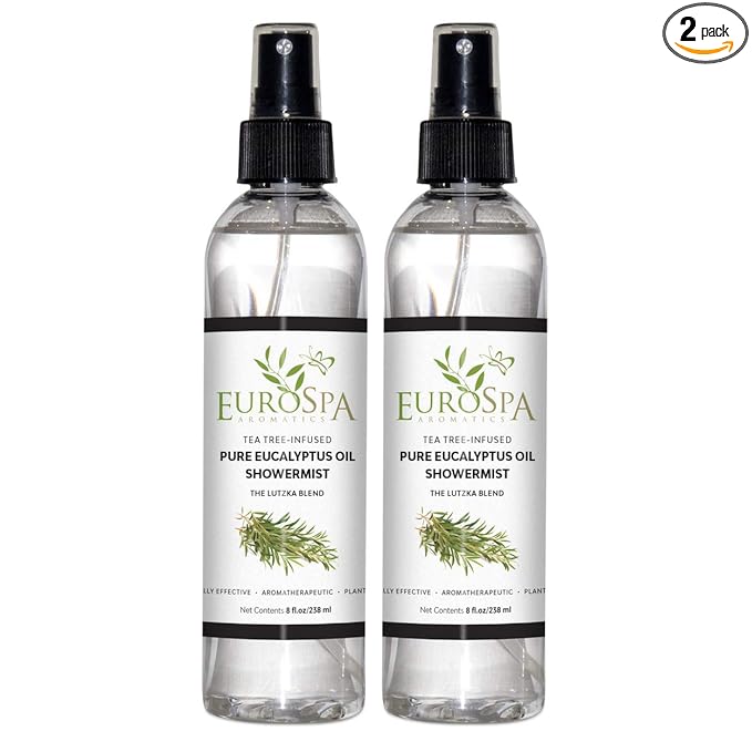EuroSpa Aromatics Pure Eucalyptus Oil ShowerMist and Steam Room Spray, All-Natural Premium Aromatherapy Essential Oils - Tea Tree Infused, 8oz, 2 Pack